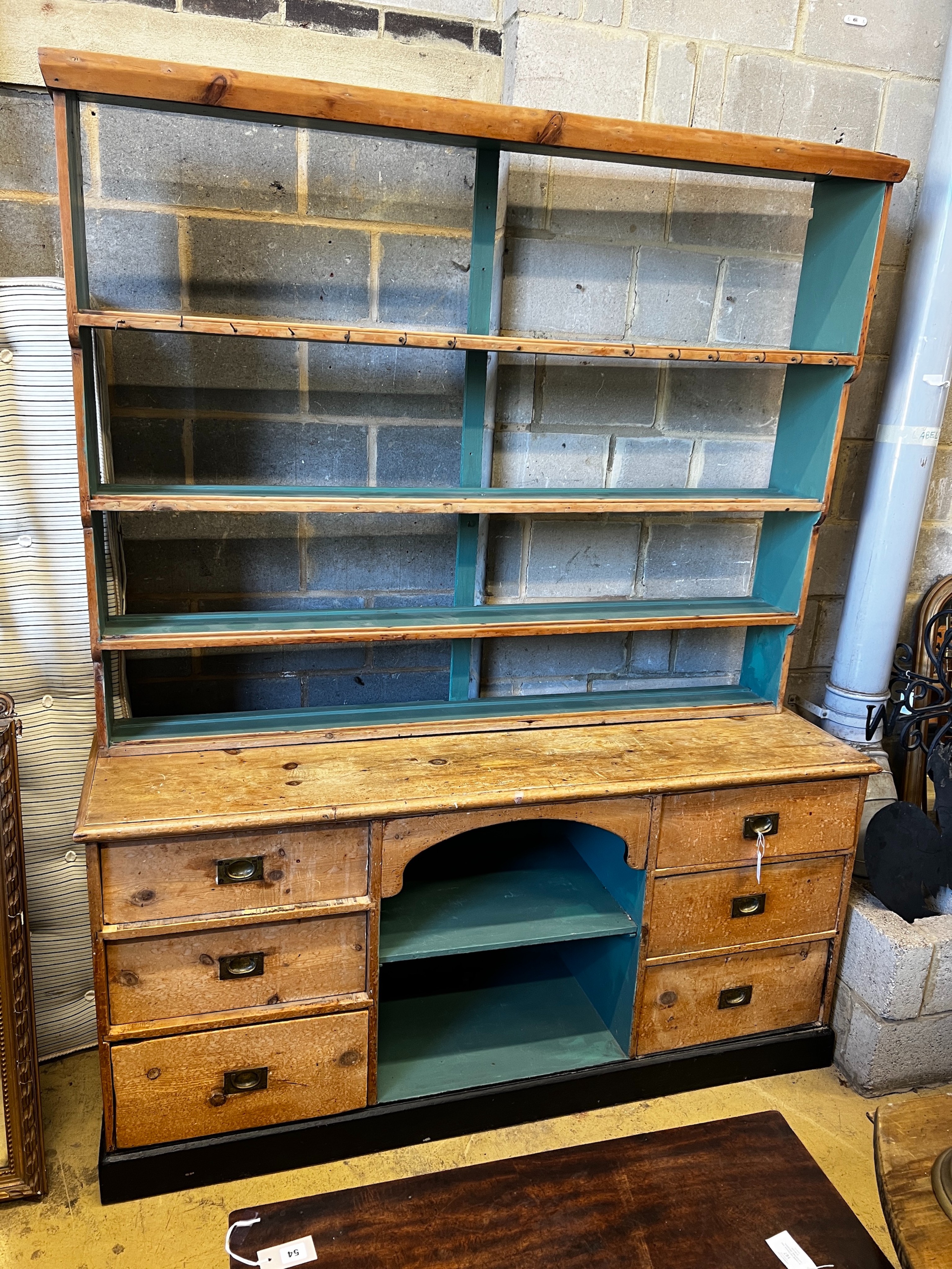 A large Victorian and later pine dresser, width 183cm, depth 55cm, height 216cm
